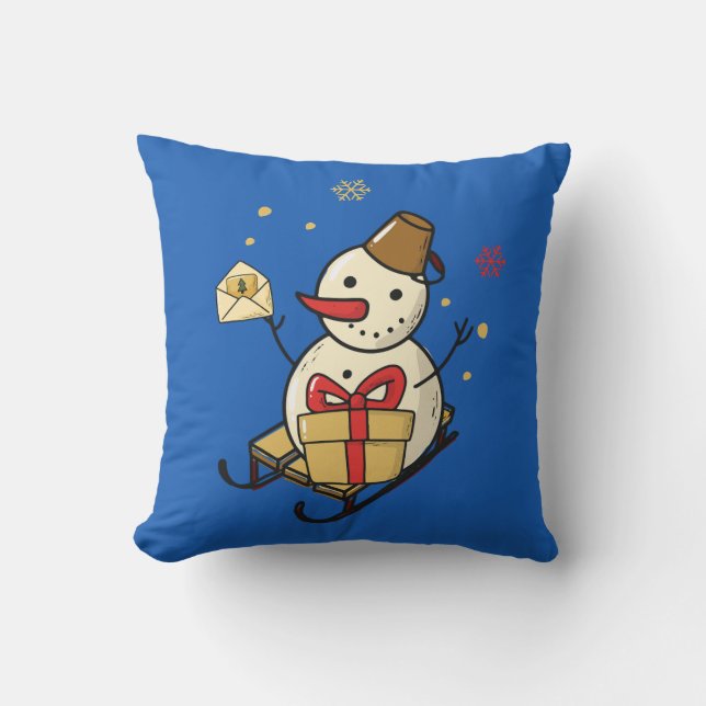 Cute Snowman On A Sled Cushion (Front)