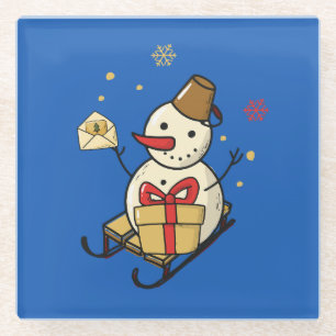 Cute Snowman On A Sled Glass Coaster