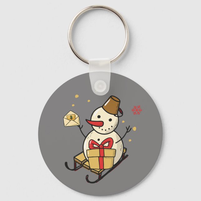 Cute Snowman On A Sled Key Ring (Front)