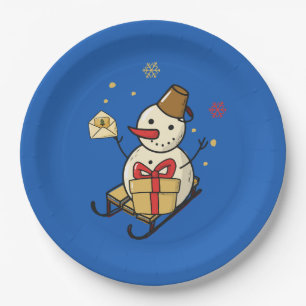 Cute Snowman On A Sled Paper Plate