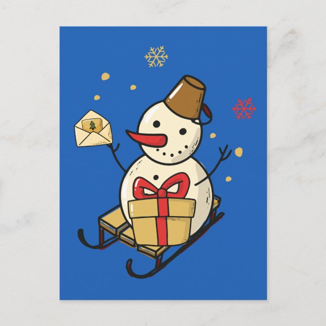 Cute Snowman On A Sled Postcard (Front)