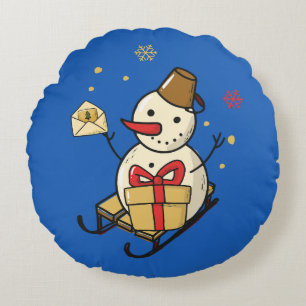 Cute Snowman On A Sled Round Cushion
