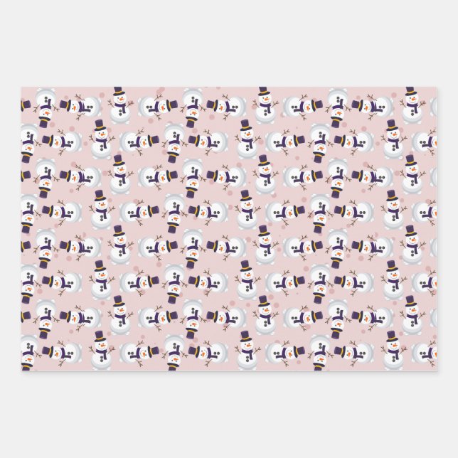 Cute Snowman on Bink, Blue and Green Background Wrapping Paper Sheet (Front)
