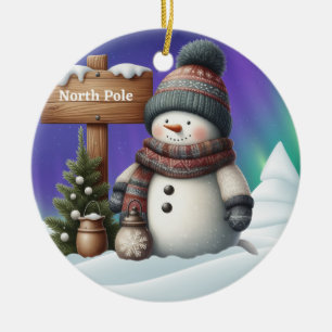 Cute snowman on North Pole with northern lights Ceramic Tree Decoration