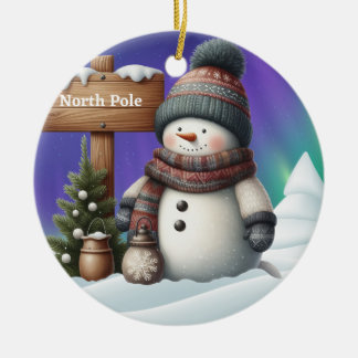 Cute snowman on North Pole with northern lights Ceramic Tree Decoration