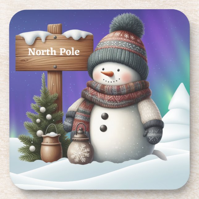 Cute snowman on North Pole with northern lights Coaster (Front)