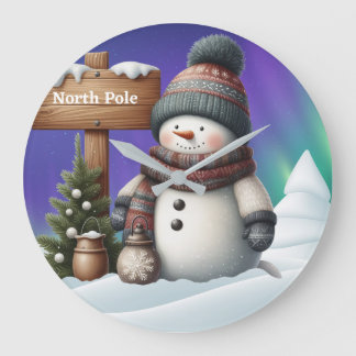 Cute snowman on North Pole with northern lights Large Clock