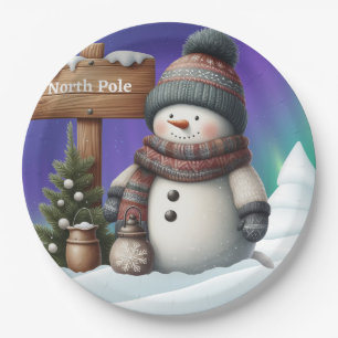 Cute snowman on North Pole with northern lights Paper Plate