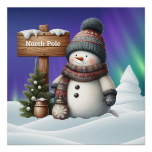 Cute snowman on North Pole with northern lights Poster