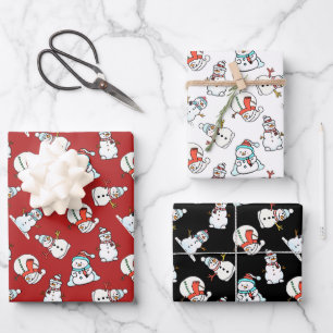 Cute Snowman Pattern - Black, White And Red Wrapping Paper Sheet
