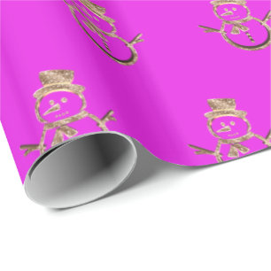 Cute Snowman Pattern Pink and Gold Christmas Wrapping Paper