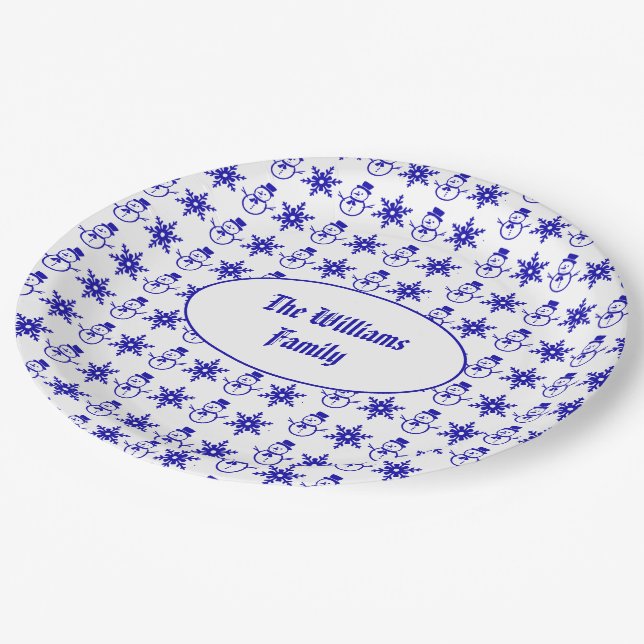 Cute Snowman Pattern Snowflakes Blue Christmas Paper Plate (Angled)