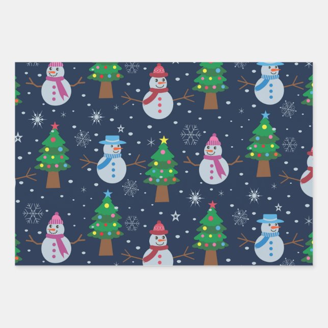 Cute Snowman pattern with Christmas trees  Wrapping Paper Sheet (Front)