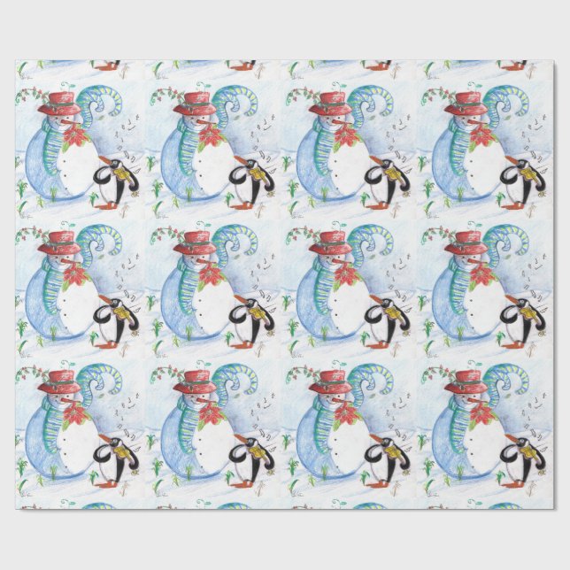 CUTE SNOWMAN & PENGUIN'S WINTER SERENADE Christmas Wrapping Paper (Flat)