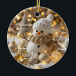 Cute Snowman Personalised Christmas Ornament<br><div class="desc">Cute Snowman with sparkling gold and lights personalised with name and Christmas year.</div>