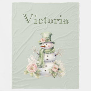 Cute Snowman Personalised Modern Green  Fleece Blanket