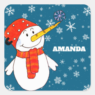 Cute Snowman Personalizable Kids Christmas Square Sticker