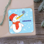 Cute Snowman Personalizable Kids Christmas Square Sticker<br><div class="desc">Snowman Christmas holiday gift sticker for children. Christmas present sticker - personalise the sticker with child`s name. The sticker has a cute snowman with a snowflake on his nose. The background is blue with beautiful white snowflakes in different sizes and shapes. Make your Christmas gifts for kids special with this...</div>