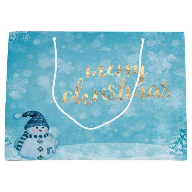 Cute Snowman Pine Tree Holiday Large Gift Bag (Front)