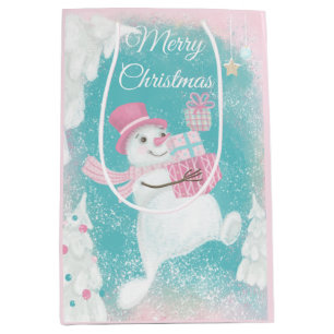 Cute Snowman Pink and Mint Christmas Medium Gift Bag