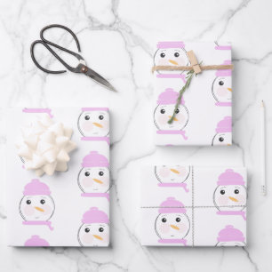 Cute Snowman Pink Christmas Party Wrapping Paper Sheet