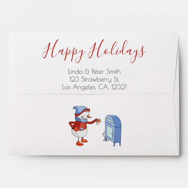 Cute Snowman Posting a Letter Happy Holidays Envelope (Back (Top Flap))