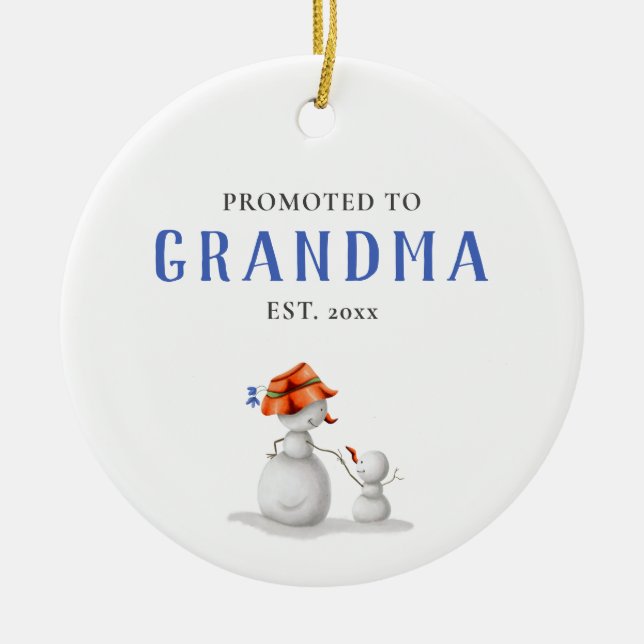 Cute Snowman Promoted to Grandma Ceramic Tree Decoration (Front)