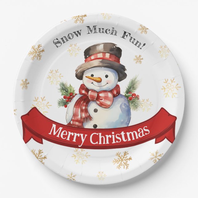 Cute Snowman Red & Gold Christmas Party Paper Plate (Front)