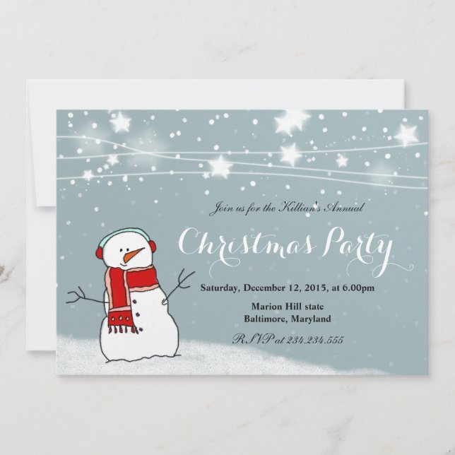 Cute Snowman Red Scarf Snow Stars Christmas Party Invitation (Front)