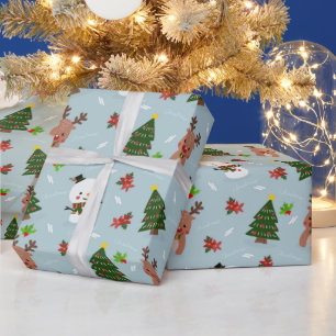 Cute Snowman, Reindeer & Christmas Tree Wrapping Paper