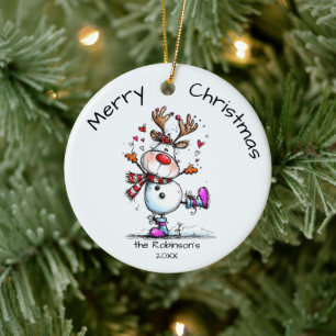 Cute Snowman Reindeer Family Name Year Ceramic Tree Decoration