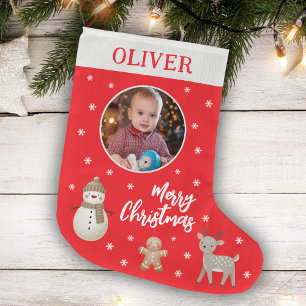 Cute Snowman Reindeer Gingerbread Snowflake Photo  Large Christmas Stocking
