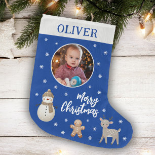 Cute Snowman Reindeer Gingerbread Snowflake Photo Large Christmas Stocking