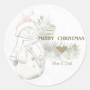 Cute Snowman,Santa Hat, Gold Heart Classic Round Sticker