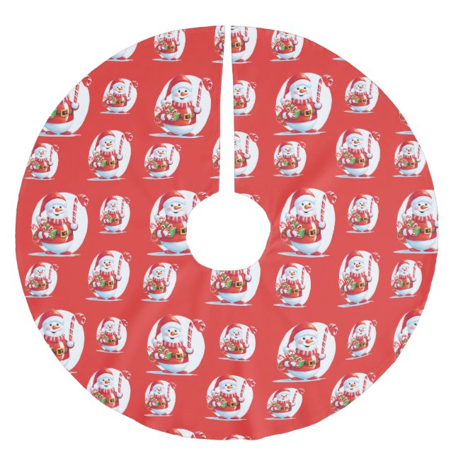 Cute Snowman Santa Xmas Sweet Candy Cane Pattern Brushed Polyester Tree Skirt (Front)