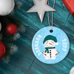 Cute Snowman Scarf Hat Christmas Ceramic Tree Decoration<br><div class="desc">This cute and playful illustration pattern is perfect for the Christmas holiday season. It features hand-drawn and painted watercolor snowmen in different scenarios. The one on the front is a snowman standing cutely snuggled in his warm winter gear. The pattern on the back includes one juggling snowballs, one tangled in...</div>