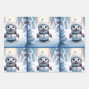 Cute Snowman Set OF 3 Designs Wrapping Paper Sheet