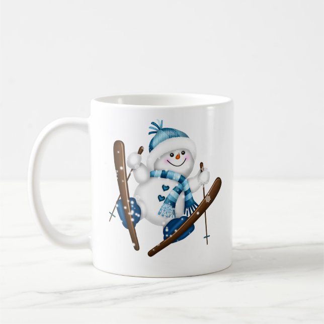 Cute Snowman Skiing Christmas Holiday Coffee Mug (Left)