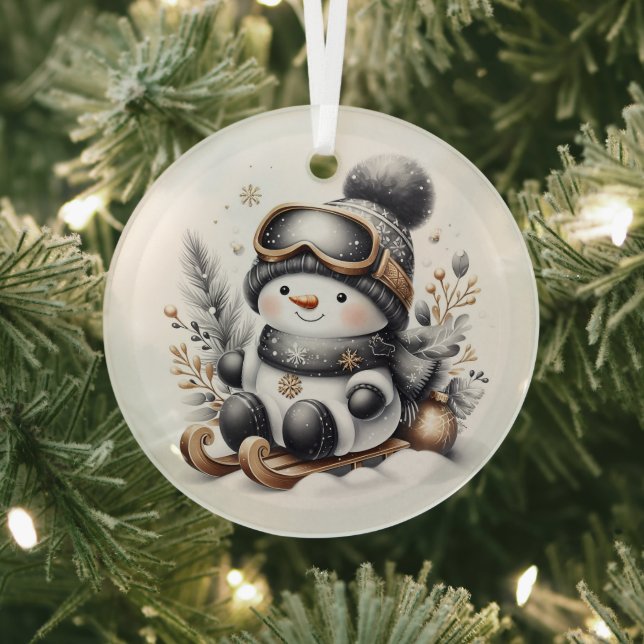 Cute snowman sledding glass tree decoration (Insitu)