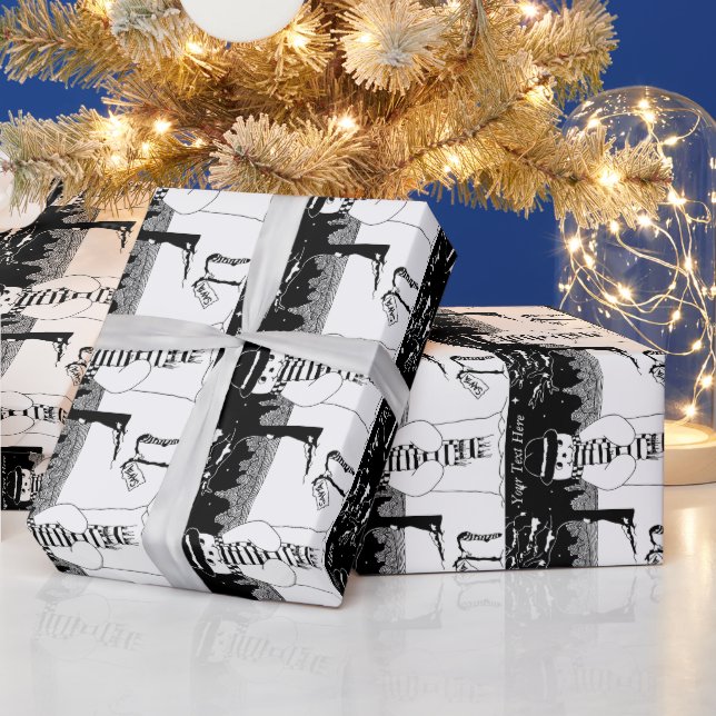 cute snowman smiling snow scene black and white wrapping paper (Holidays)