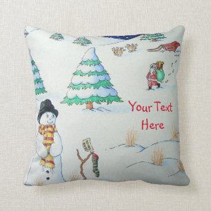 cute snowman smiling snow scene for christmas cushion