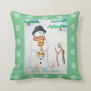 cute snowman smiling snow scene for christmas cushion