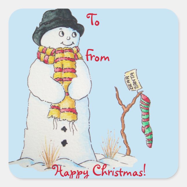 cute snowman smiling snow scene for christmas square sticker (Front)