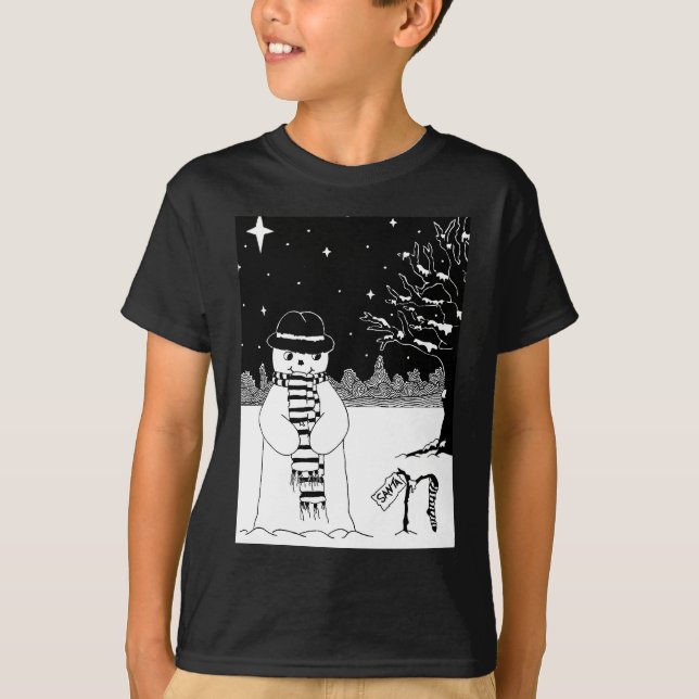 cute snowman smiling snow scene for christmas T-Shirt (Front)