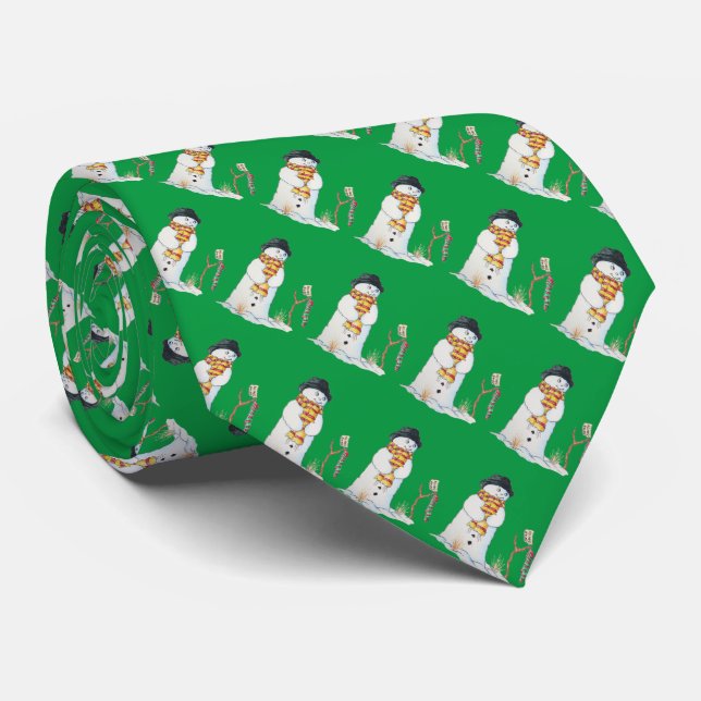 cute snowman smiling snow scene for christmas tie (Rolled)