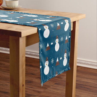 Cute Snowman & Snow Mountains Blue Winter Short Table Runner