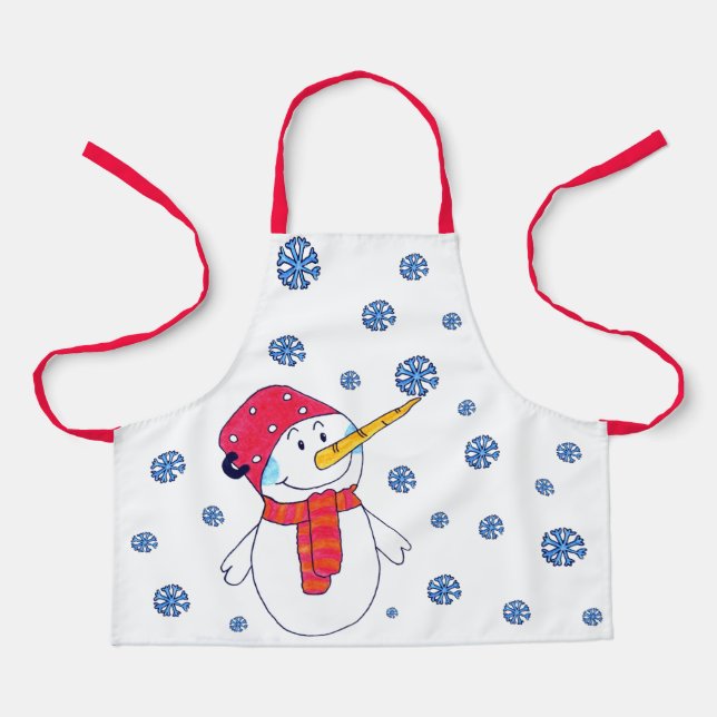 Cute Snowman Snowflake Drawing Winter Kids Apron (Front)