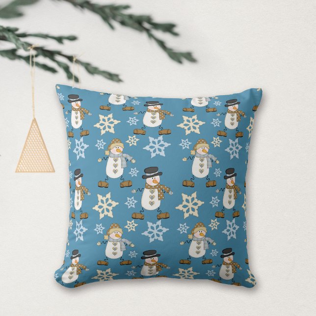 Cute Snowman Snowflake Pattern on Blue Cushion (Creator Uploaded)