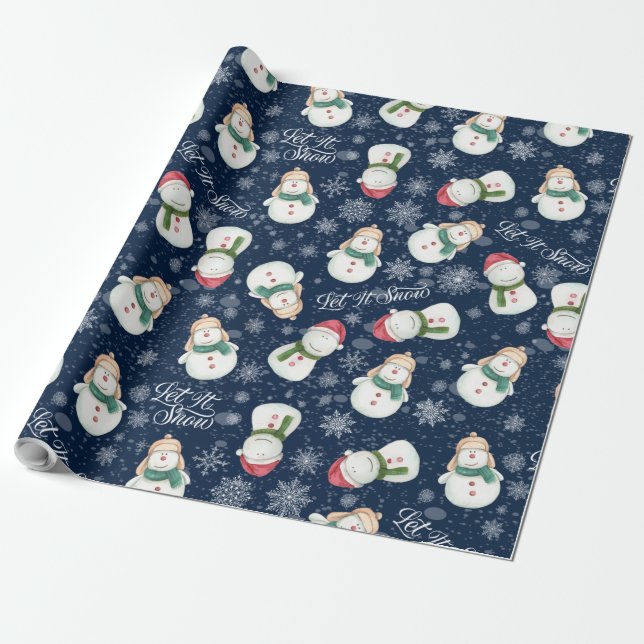 Cute Snowman Snowflake Whimsical Christmas Wrapping Paper (Unrolled)