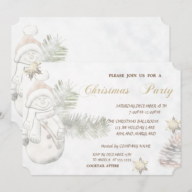 Cute Snowman, Snowflakes CorporateChristmas Party Invitation (Front/Back)